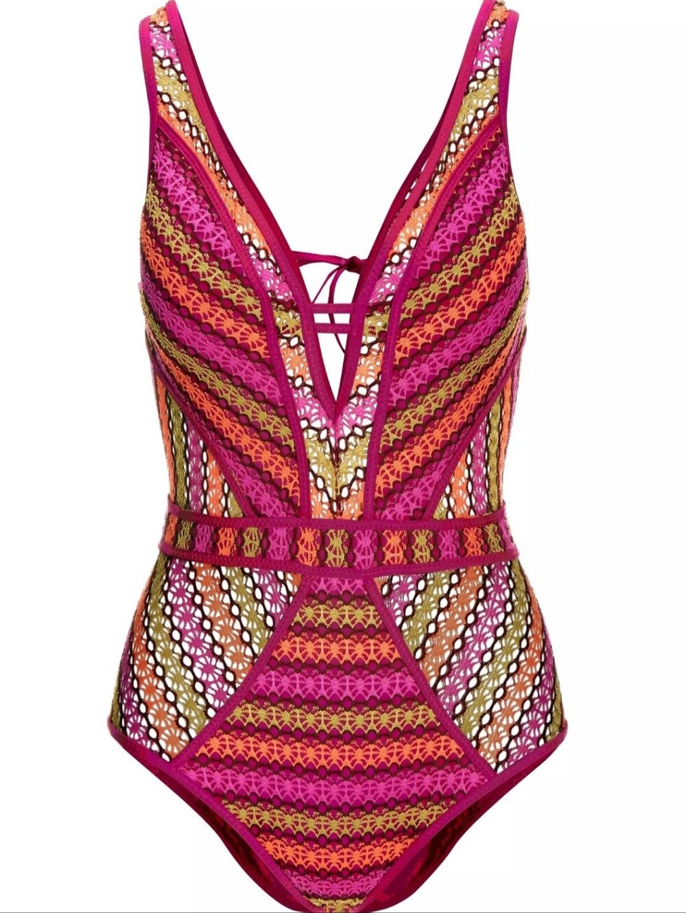 BECCA by Rebecca Virtue L Crochet Plunge One Piece Swimsuit Magenta
